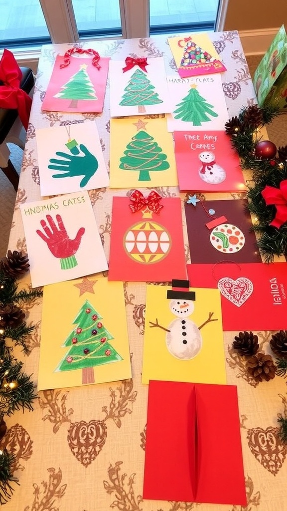 A collection of creative Christmas cards made by children, showcasing festive designs and colors.
